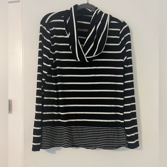 White House Black Market Black and White Striped Cowl Neck top size L (i113) - Picture 1 of 7